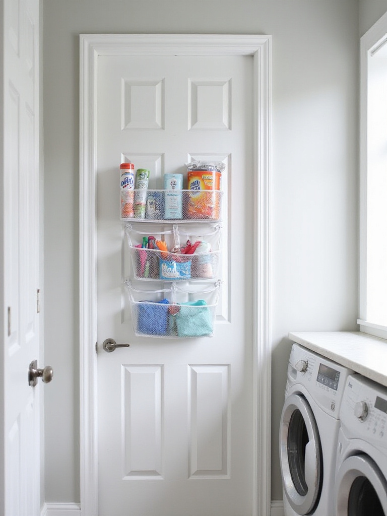 Over-the-door organizer filled with laundry essentials hanging on the back of a laundry room door.