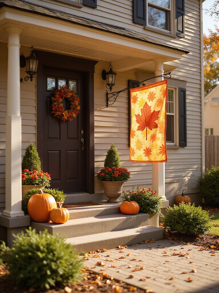 Front door of a house decorated for fall with a large flag featuring fall leaves and a smaller garden flag with pumpkins.