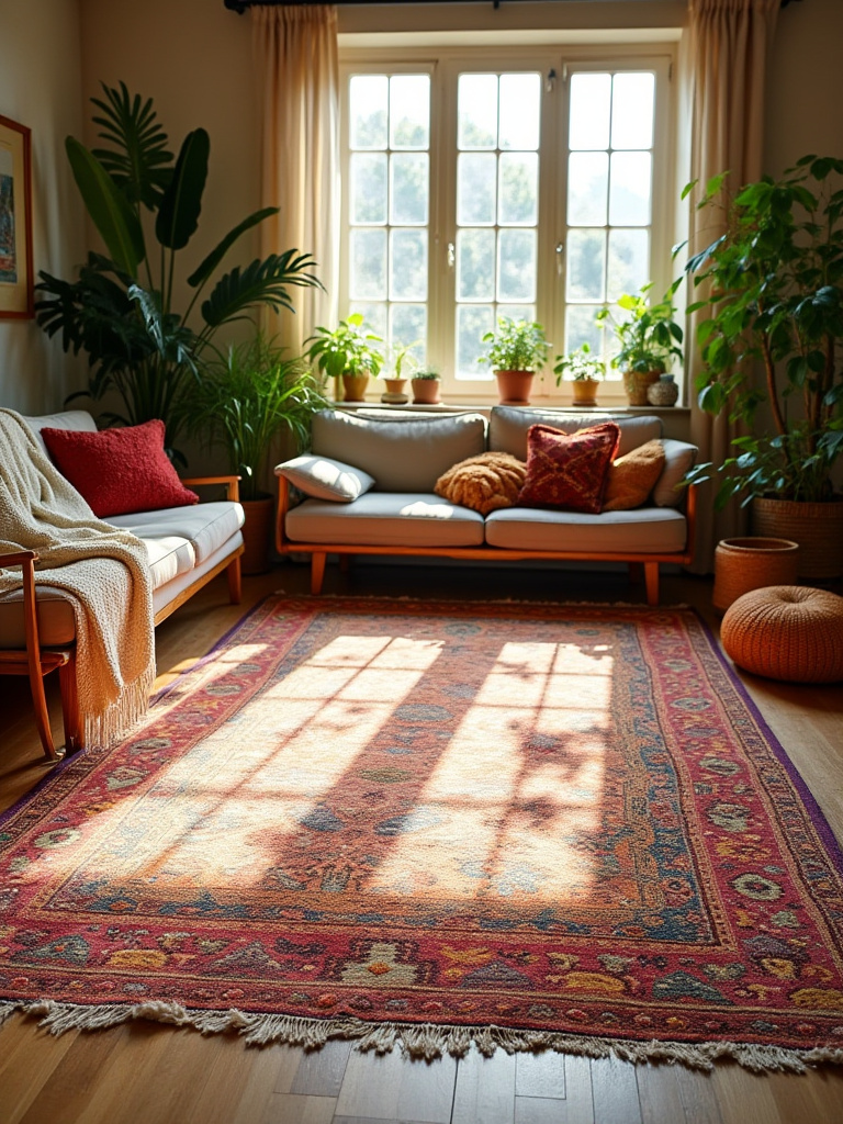 A large, colorful patterned rug anchors a cozy bohemian living room with a low sofa, floor cushions, plants, and natural light.