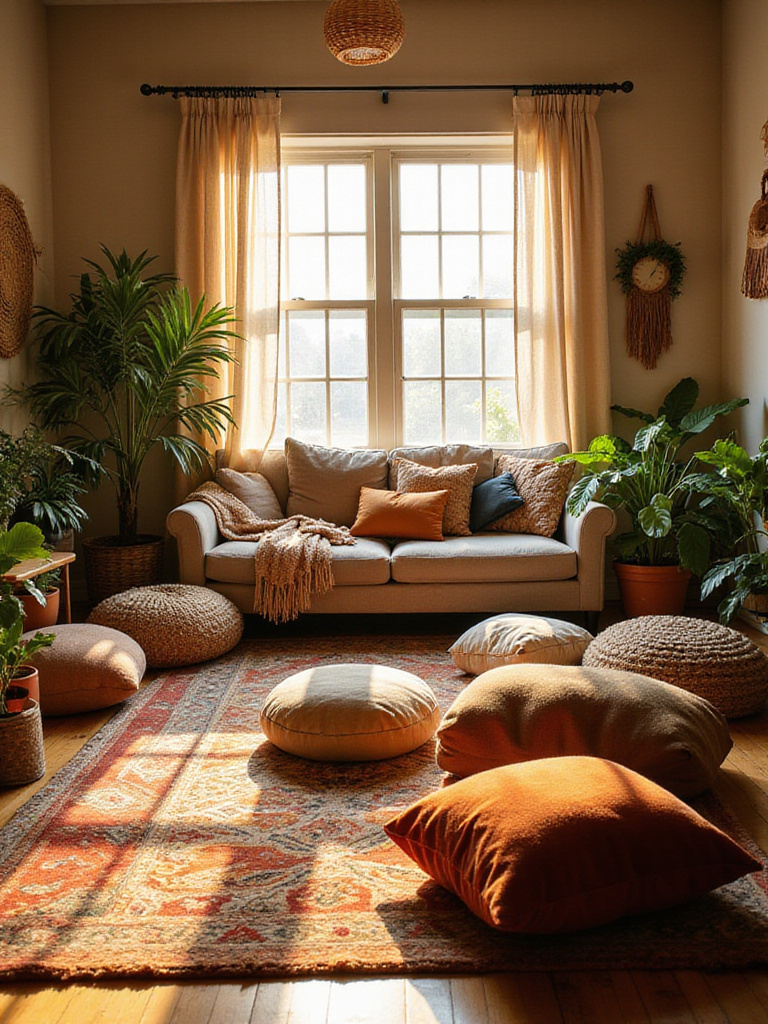 A warm and inviting boho living room featuring a variety of colorful and textured poufs and floor cushions scattered around a low coffee table and rug, providing comfortable extra seating.