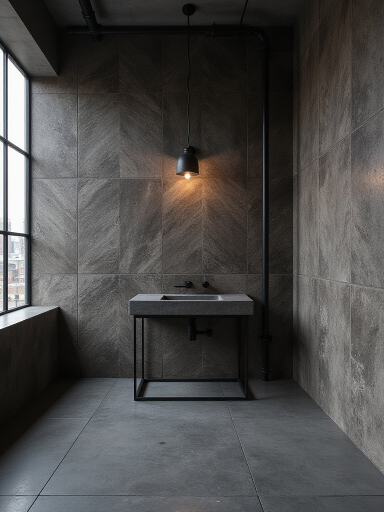 Industrial bathroom featuring a wall tiled with dark wood-look tiles in a herringbone pattern and a polished concrete floor.