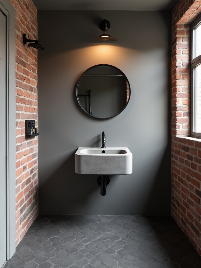 Industrial style bathroom featuring a floor tiled with matte charcoal hexagon tiles, exposed brick wall, concrete sink, and black industrial fixtures.