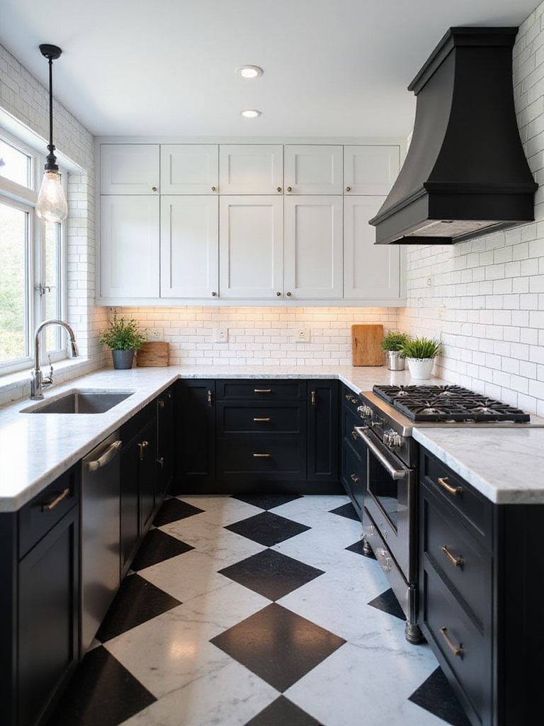 A timeless, high-contrast black and white kitchen featuring matte black cabinets, white marble countertops, a checkerboard tile floor, and white subway tile backsplash.