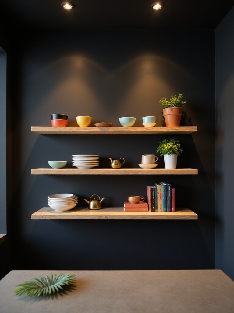Open reclaimed wood shelves displaying colorful ceramics, plants, and cookbooks mounted on a matte black kitchen wall.