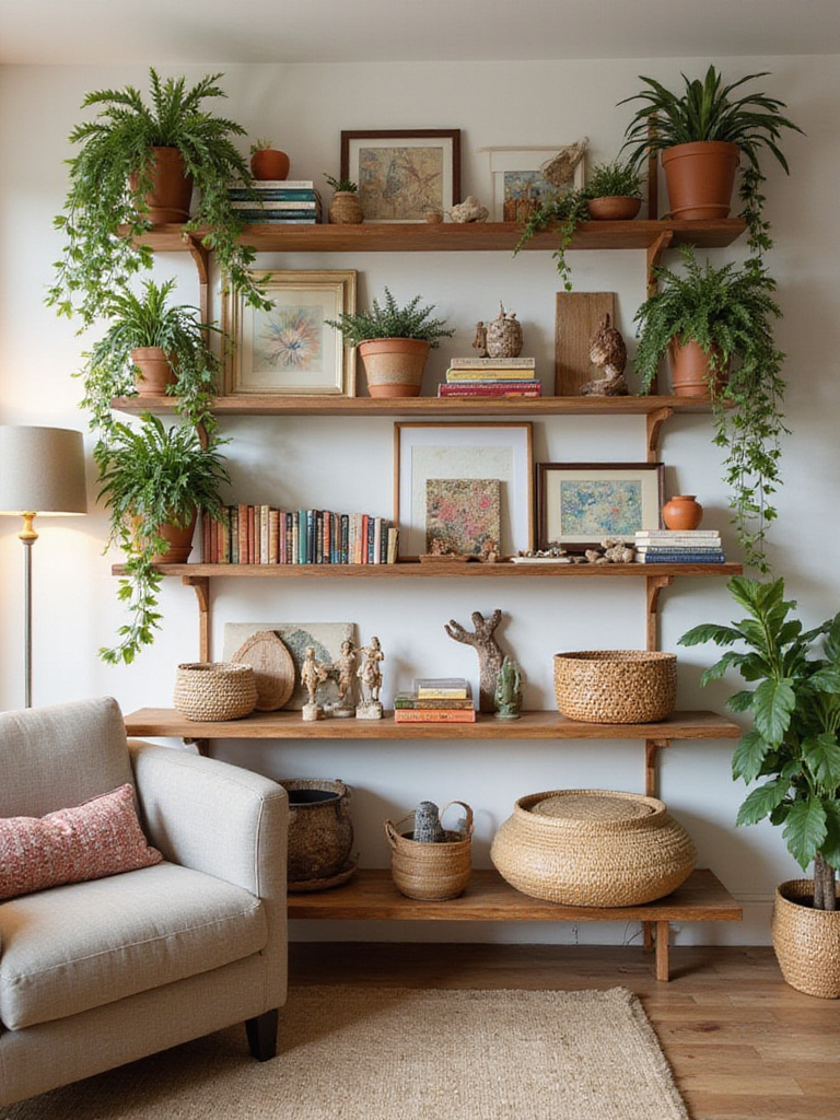 Open wooden shelves in a boho living room filled with a curated collection of plants, books, art, ceramics, and decorative objects, creating a layered and personal display.