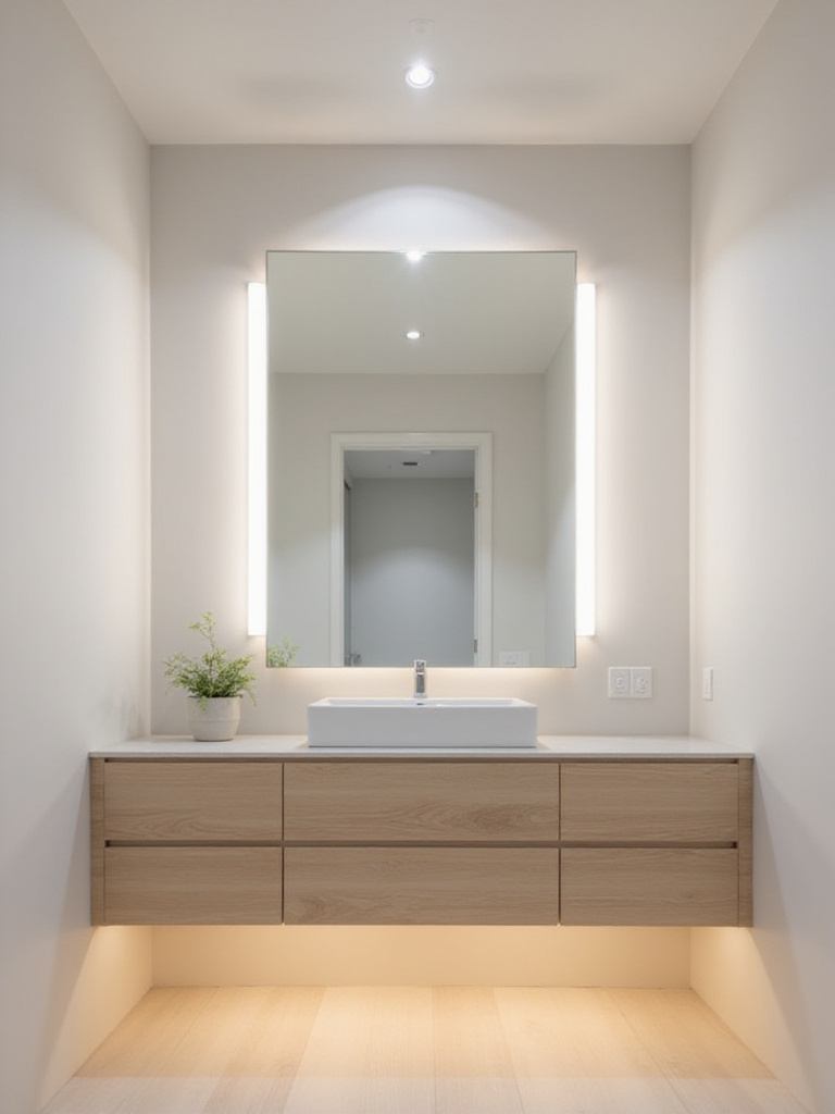 Minimalist bathroom with strategic lighting: recessed lights, vanity lights, and under-vanity LED strips.