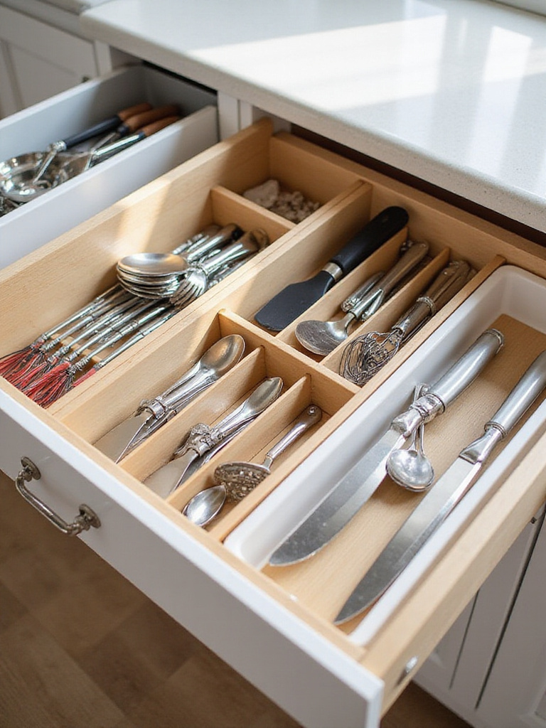 An open kitchen drawer showing various utensils and gadgets neatly organized using bamboo and plastic drawer dividers. Forks, knives, spoons, spatulas, and whisks are separated into compartments in a modern kitchen setting.