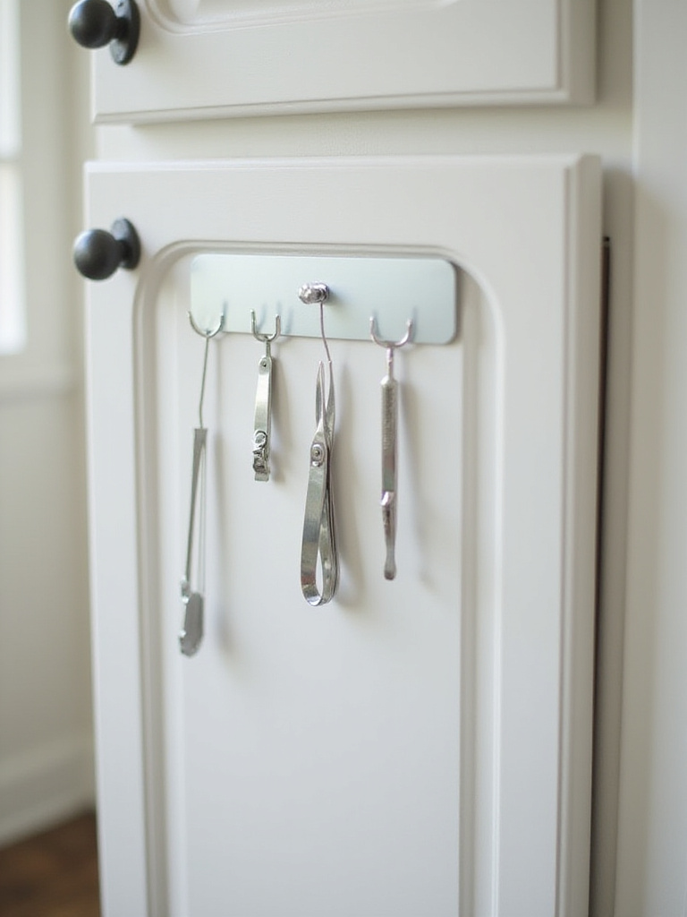 Organized bathroom cabinet door with magnetic strip holding small metal tools like tweezers and clippers.