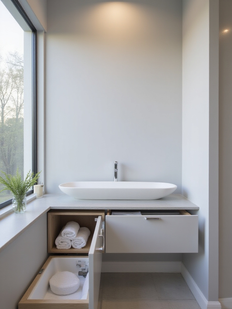 Minimalist bathroom with floating vanity and concealed towel storage