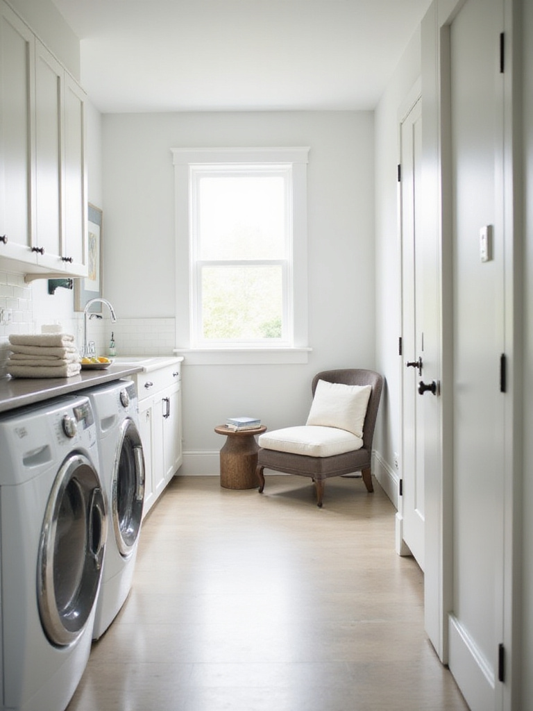 Comfortable seating area in a modern, bright laundry room with a bench and cushions, next to a stack of folded towels.