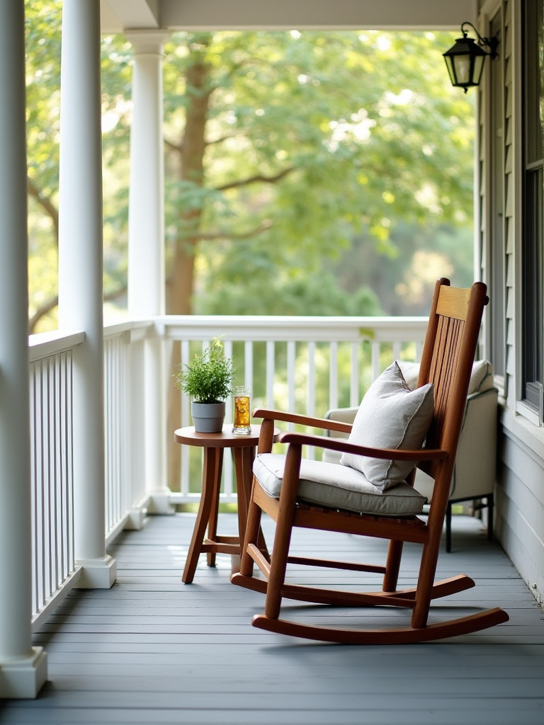 Front porch with rocking chair and teak side table holding potted fern and iced tea.