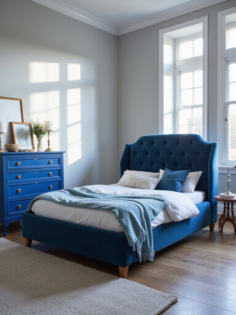 A bedroom featuring a large navy blue velvet bed and a vibrant cobalt blue dresser, creating a bold statement against neutral walls.