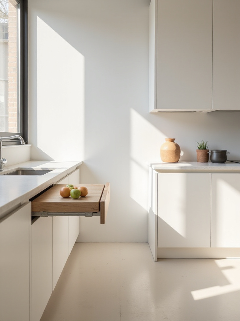 Small kitchen with pull-out cutting board extended from cabinet and a drop-leaf counter folded against the wall, demonstrating space-saving solutions.