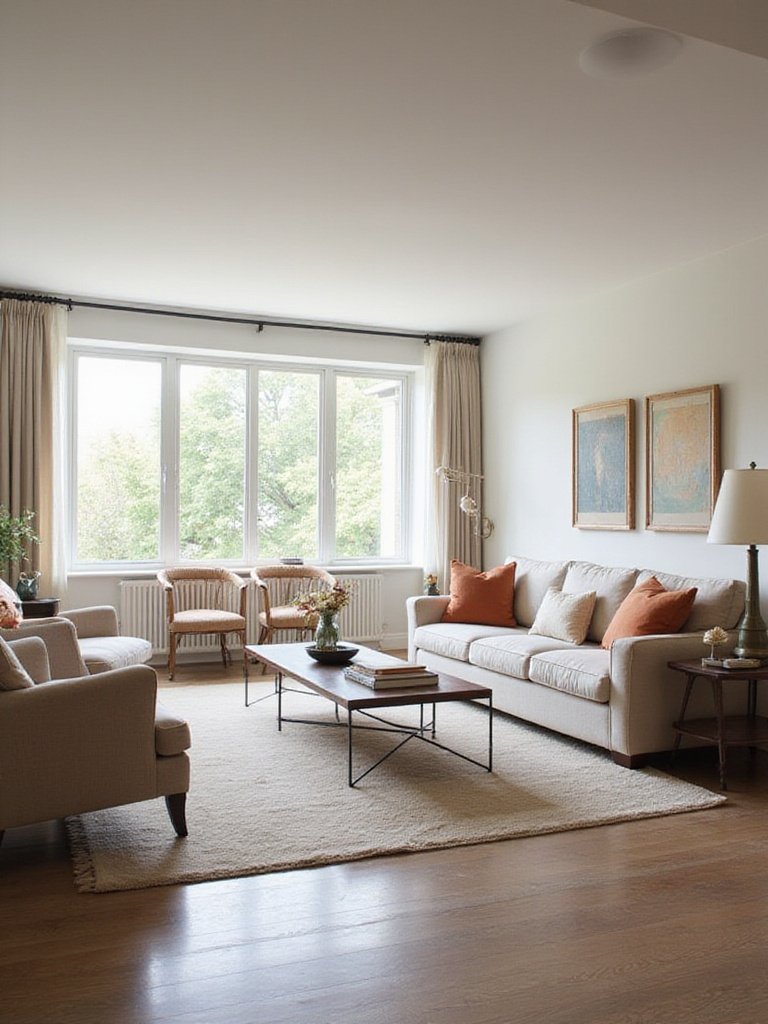 A contemporary living room interior illustrating correct furniture scale and proportion, with appropriately sized sofa, chairs, and decor creating a balanced and harmonious space.