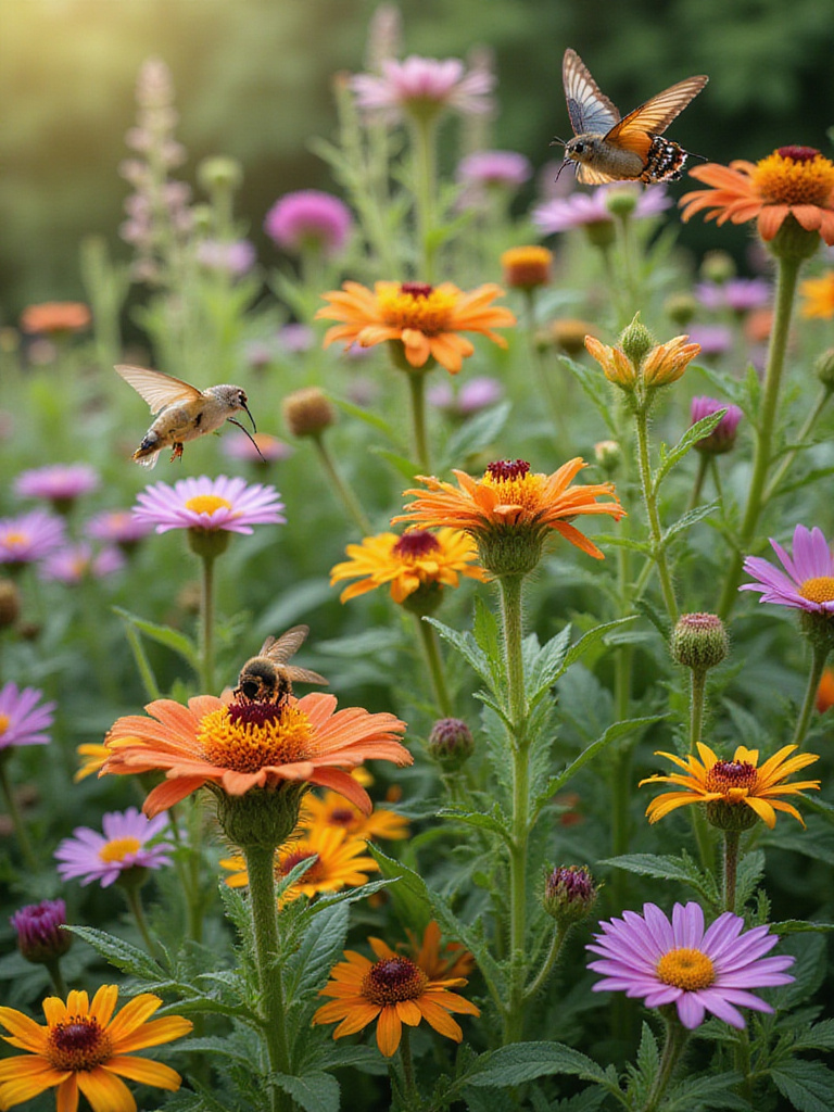 A garden section featuring native plants that are attracting local pollinators like bees and butterflies.