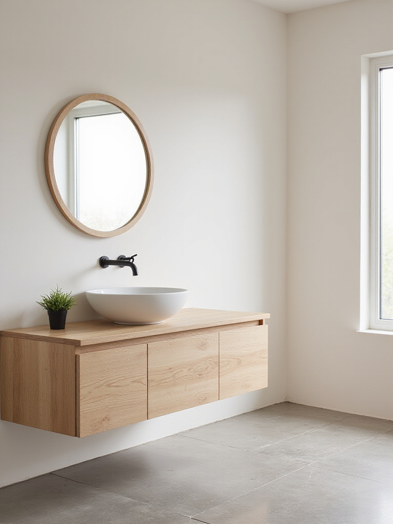 Minimalist bathroom featuring a wooden vanity and concrete floor for a warm, natural feel.