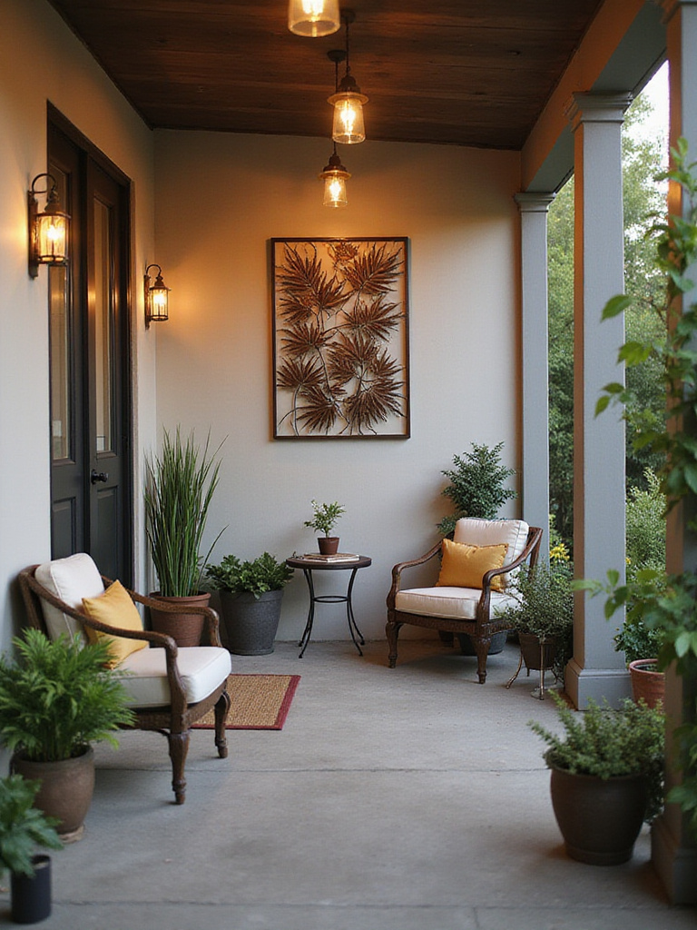 Front porch with metal leaf sculpture wall art and comfortable seating.