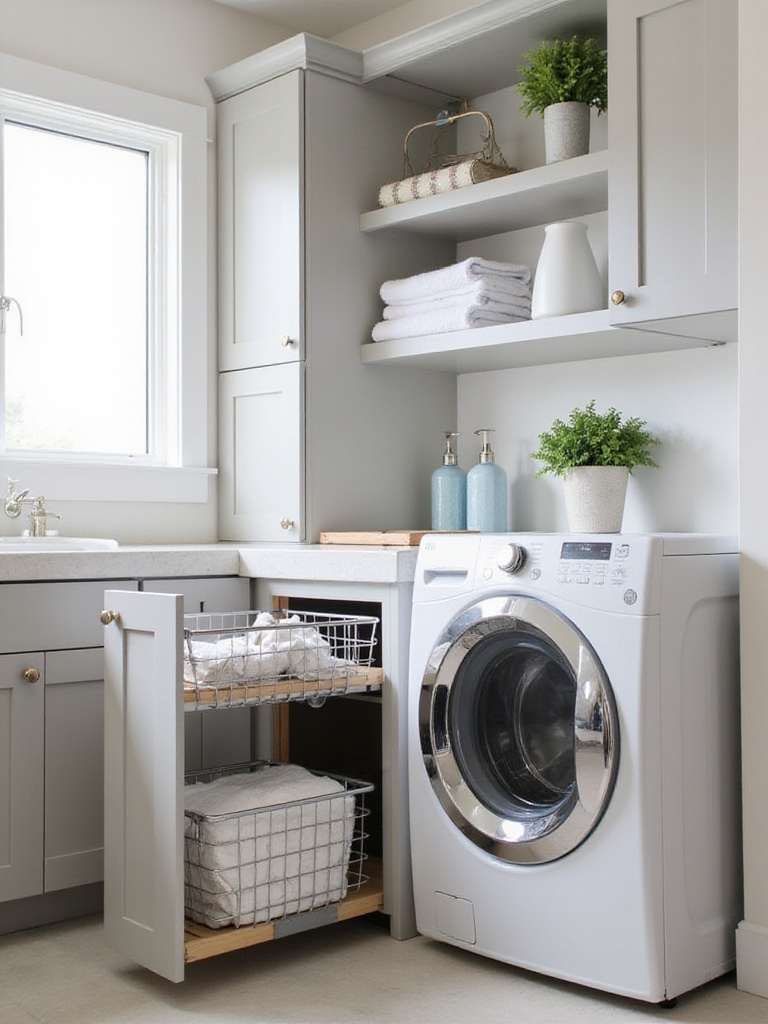Modern laundry room with pull-out wire baskets for laundry storage.
