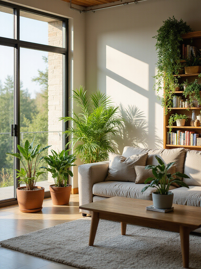A modern living room decorated with a variety of lush indoor plants, including large potted plants, trailing plants on shelves, and smaller plants on tables, illustrating how greenery adds vitality and style to a home.