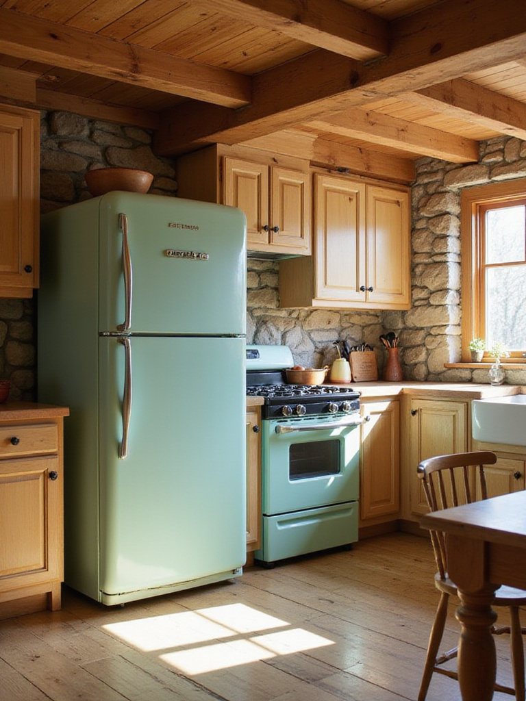A rustic kitchen featuring a mint green retro refrigerator and a vintage-style range, showcasing how classic appliances add charm to a natural wood and stone space.