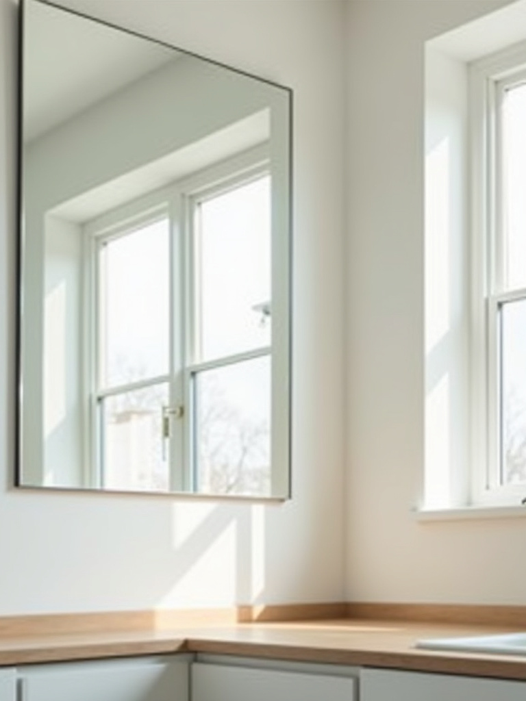 A bright and spacious-looking laundry room with a large mirror reflecting light from a window, making the room appear larger and well-lit.