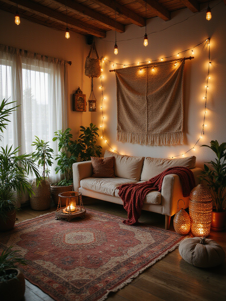 Cozy boho living room featuring warm ambient lighting from draped string lights and various lanterns on the floor and tables, surrounded by plants, textiles, and floor cushions.