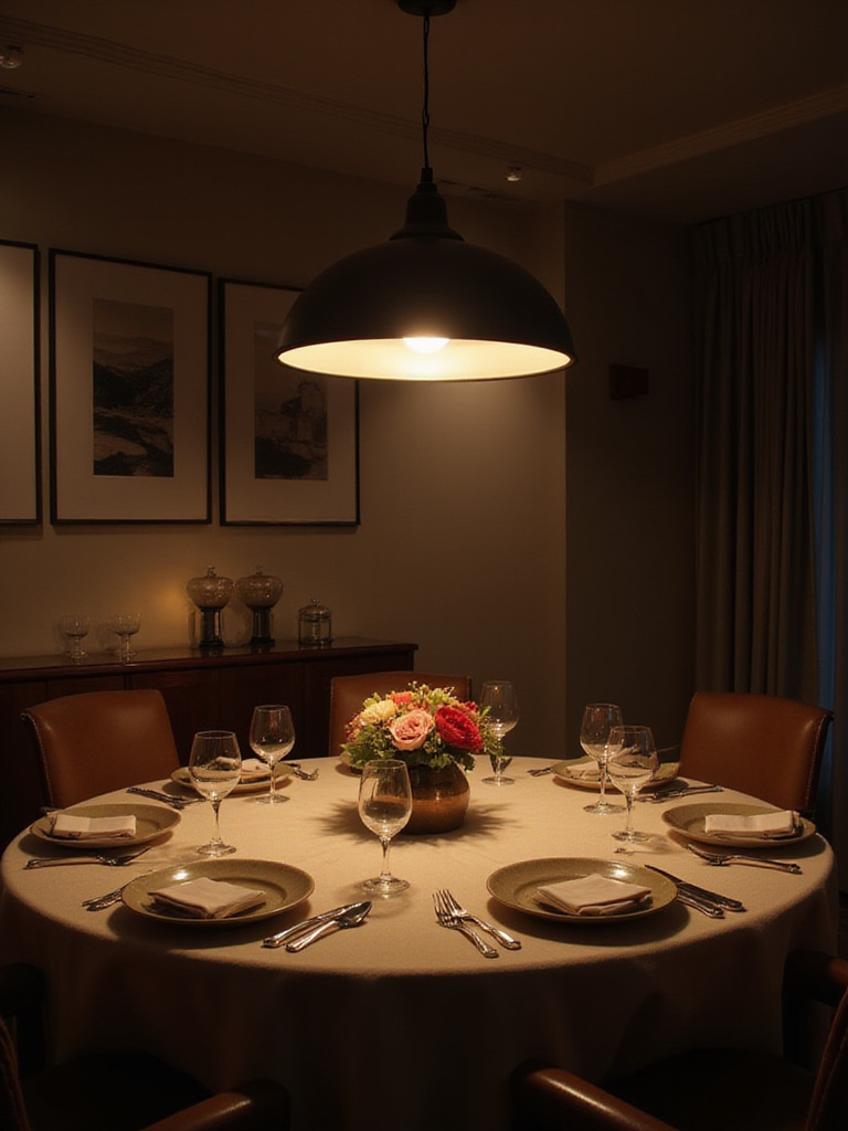 A dining room table lit by a dimmed pendant light fixture, creating a warm and inviting atmosphere.