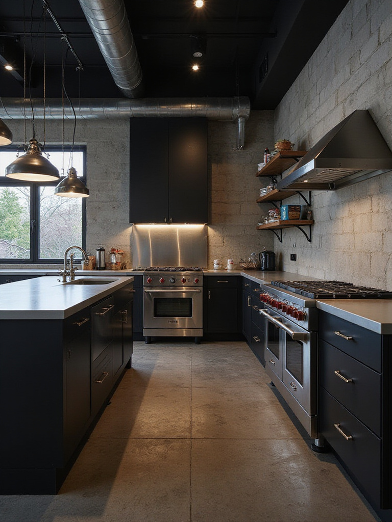 Modern industrial kitchen featuring matte black cabinets, stainless steel appliances and island countertop, and open stainless steel shelving on a concrete wall.