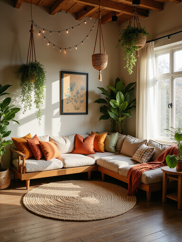 Cozy boho living room featuring multiple hanging plants in macrame and ceramic planters, a jute rug, and layered textiles, creating a lush, natural, and inviting atmosphere.