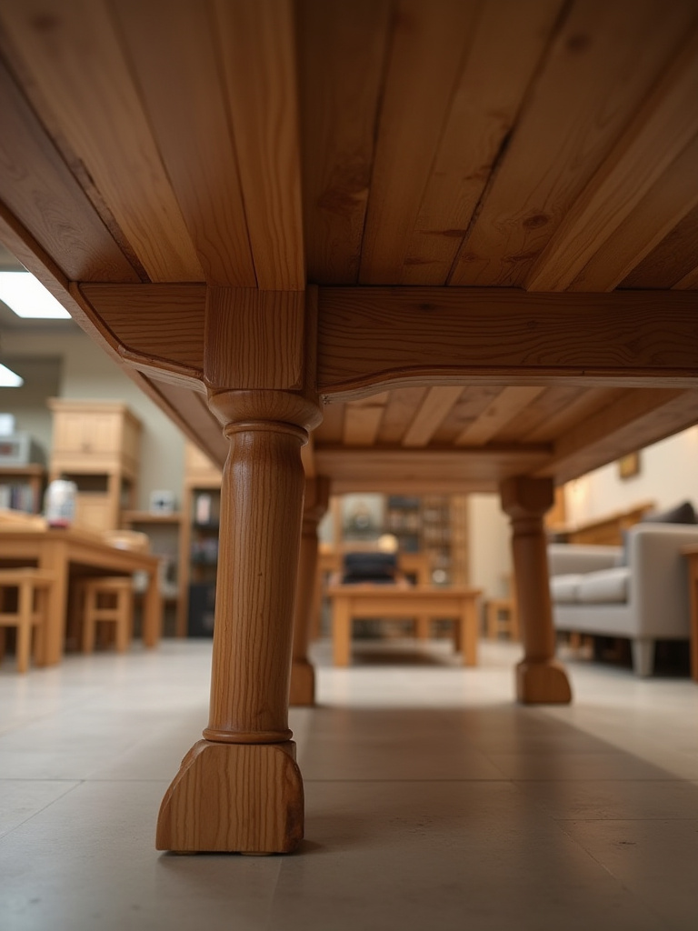 Inspect dining table construction quality, showing strong joinery under the table top.
