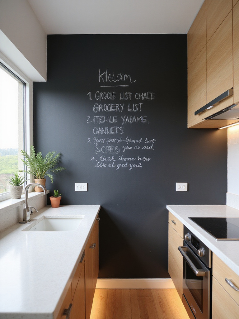 Accent wall in a modern kitchen covered with black chalkboard wallpaper displaying a grocery list and recipe written in white chalk.