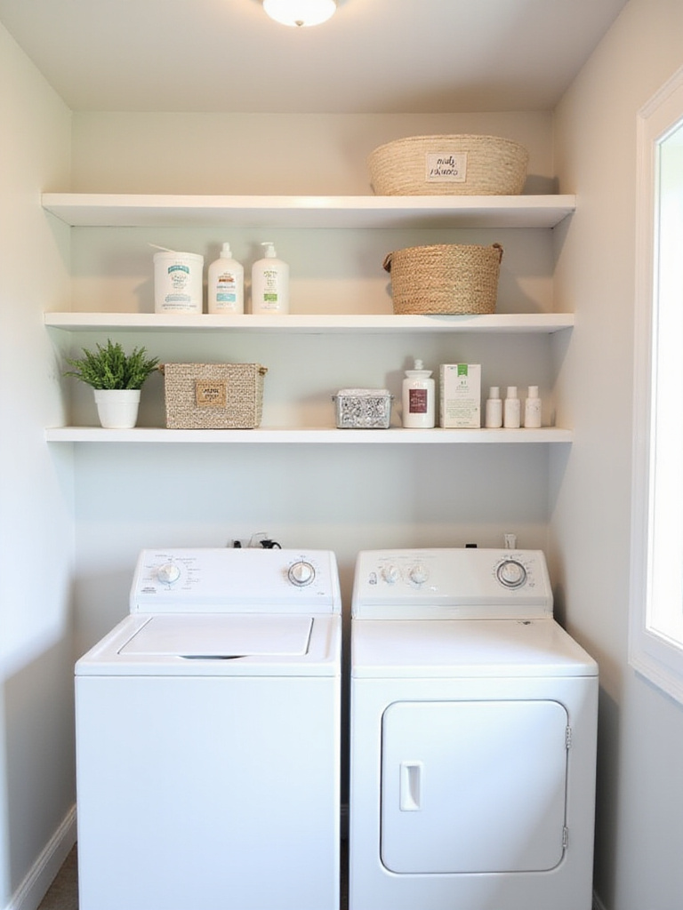 Floating shelves installed above a washer and dryer in a modern laundry room, holding laundry supplies and decor.