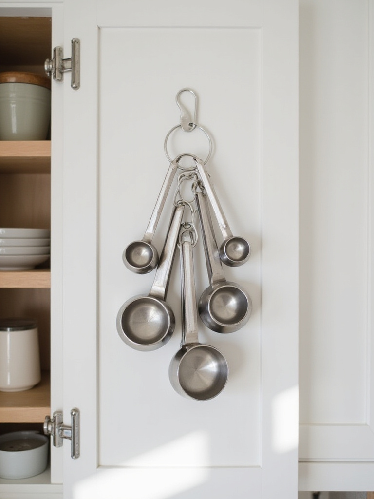 Measuring cups hanging neatly on hooks inside an open kitchen cabinet door, showcasing smart vertical storage.