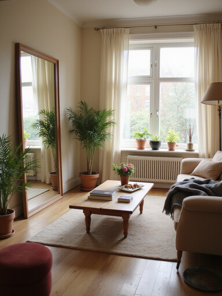 A small living room with a large mirror reflecting natural light