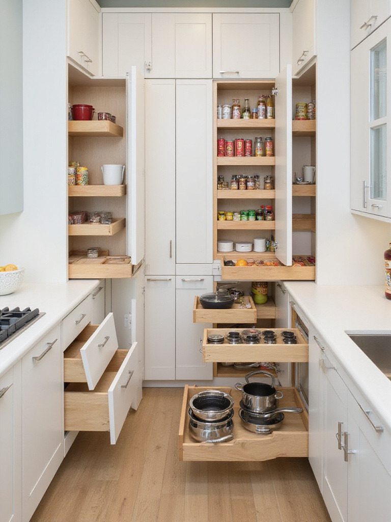 Small kitchen interior showing base and pantry cabinets with pull-out shelves and drawers extended, organizing pots, pans, and pantry items.