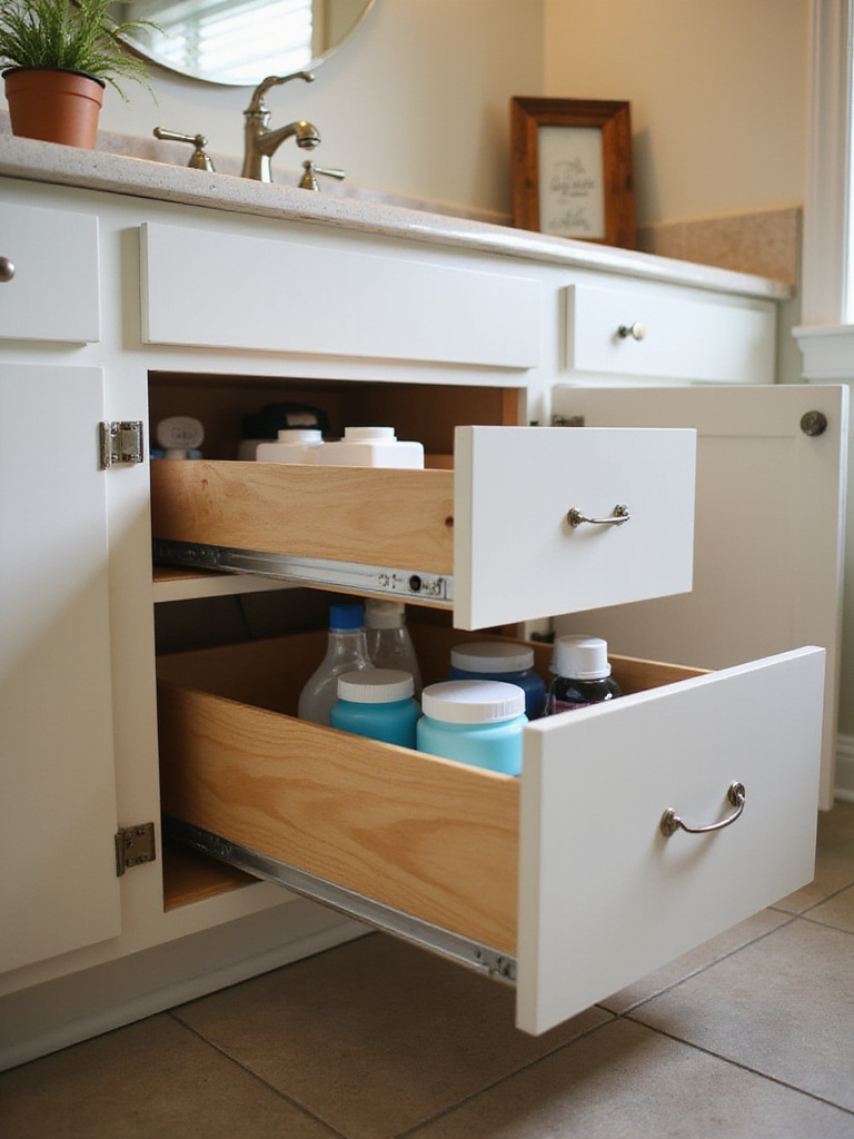 Organized bathroom cabinet with pull-out drawers under the sink