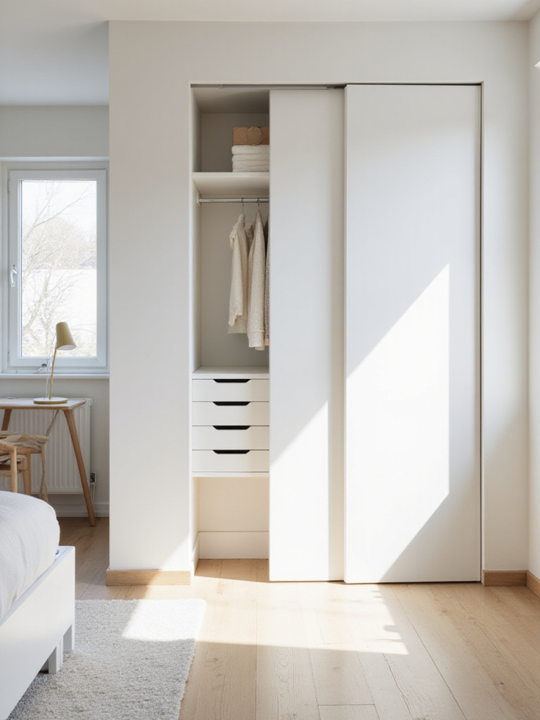 Small bedroom with white sliding closet doors, maximizing space.
