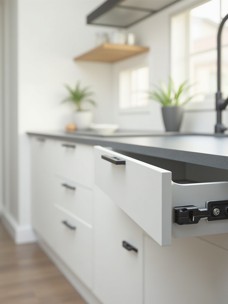 Modern kitchen base cabinets with a drawer slightly ajar, revealing soft-close drawer slides installed, part of a cabinet hardware upgrade.