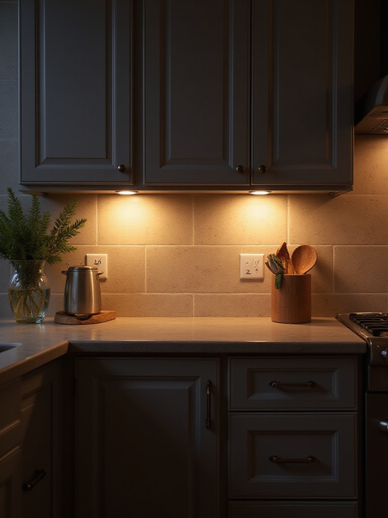 Modern kitchen cabinets with warm LED undercabinet lighting illuminating the countertop and backsplash, creating a cozy evening ambiance.