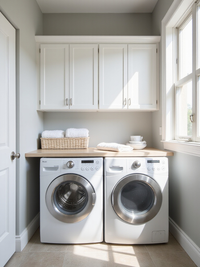 Bright and organized laundry room with white shaker-style upper cabinets for hidden storage