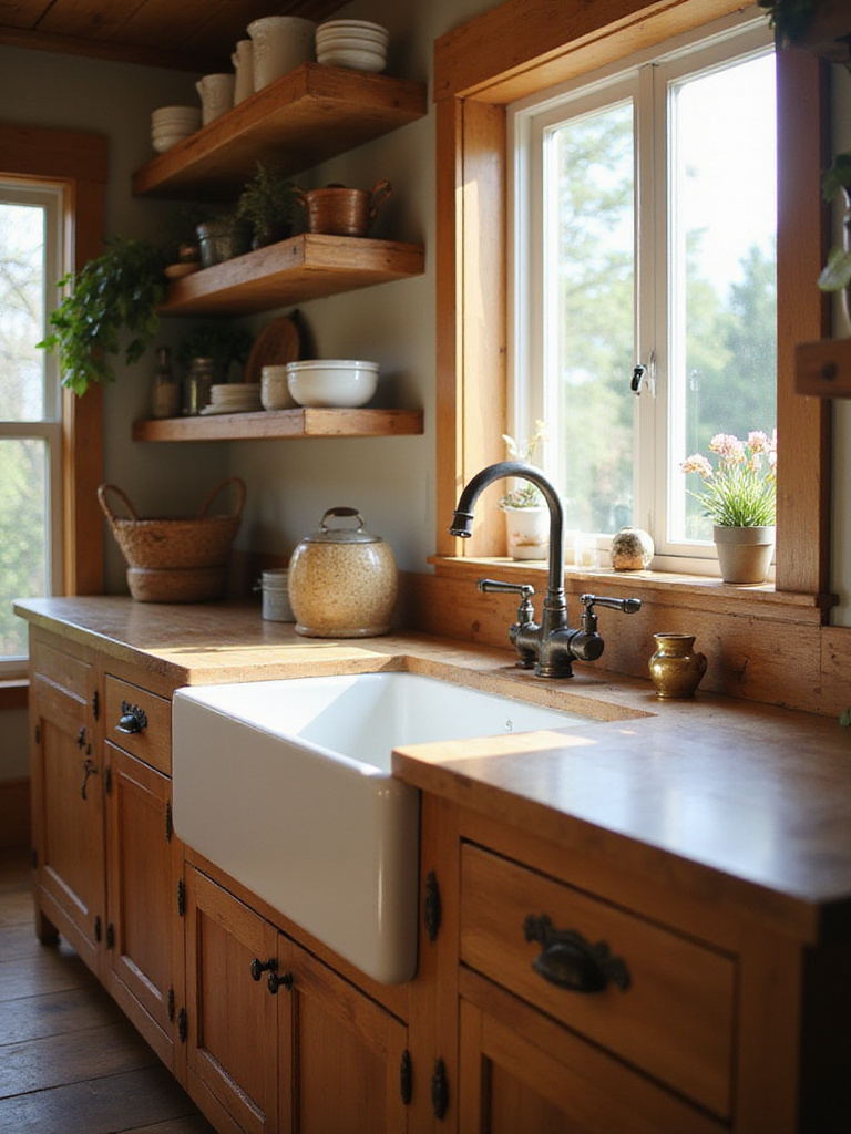 Classic white fireclay apron front farmhouse sink in a rustic kitchen with natural wood countertops and vintage-style faucet.