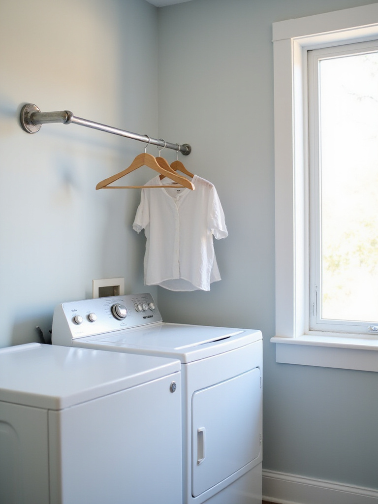 Wall-mounted hanging rod for air-drying clothes in a modern laundry room.
