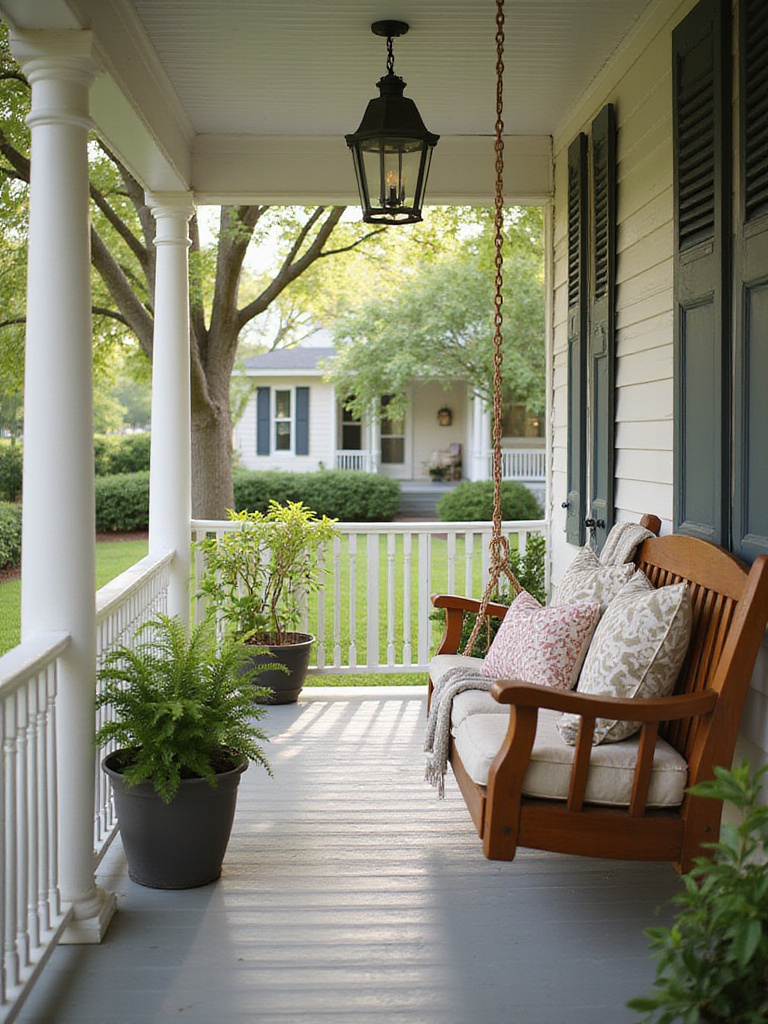 Relaxing wooden porch swing on a charming front porch.