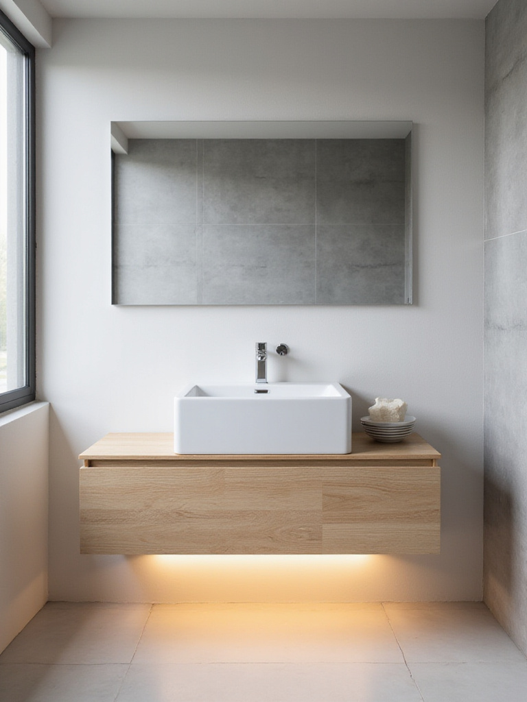 Minimalist bathroom with light wood floating vanity and undermount sink.