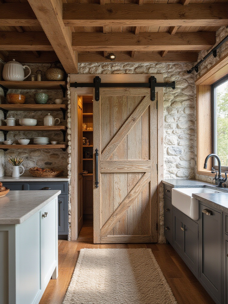 Rustic kitchen featuring a weathered wood sliding barn door with black hardware, providing a space-saving entryway to a pantry or adjacent room.