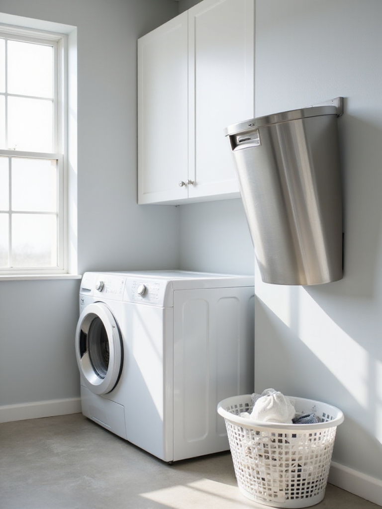 Wall-mounted lint bin next to a dryer in a modern laundry room.
