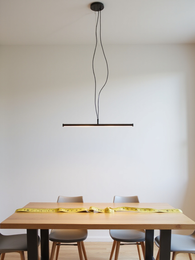 Dining room with a table and light fixture installation components, illustrating the process of installing lighting over a dining table.