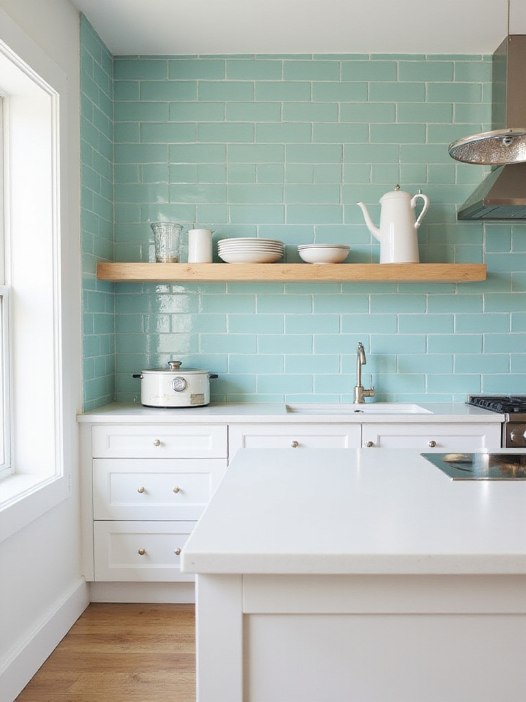 A coastal kitchen integrating soothing seafoam green or aqua hues through a glossy subway tile backsplash, creating a calm and light-reflective surface.