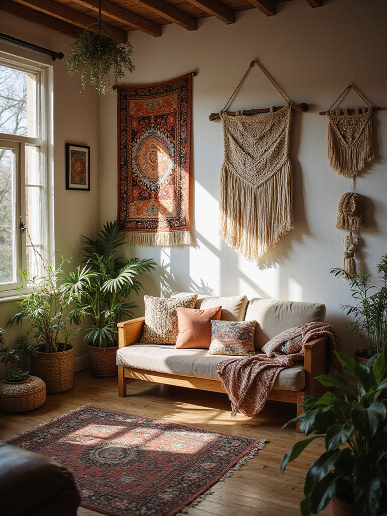 Bohemian living room featuring a large colorful tapestry, macrame, and woven wall hangings above a sofa with patterned pillows and plants.