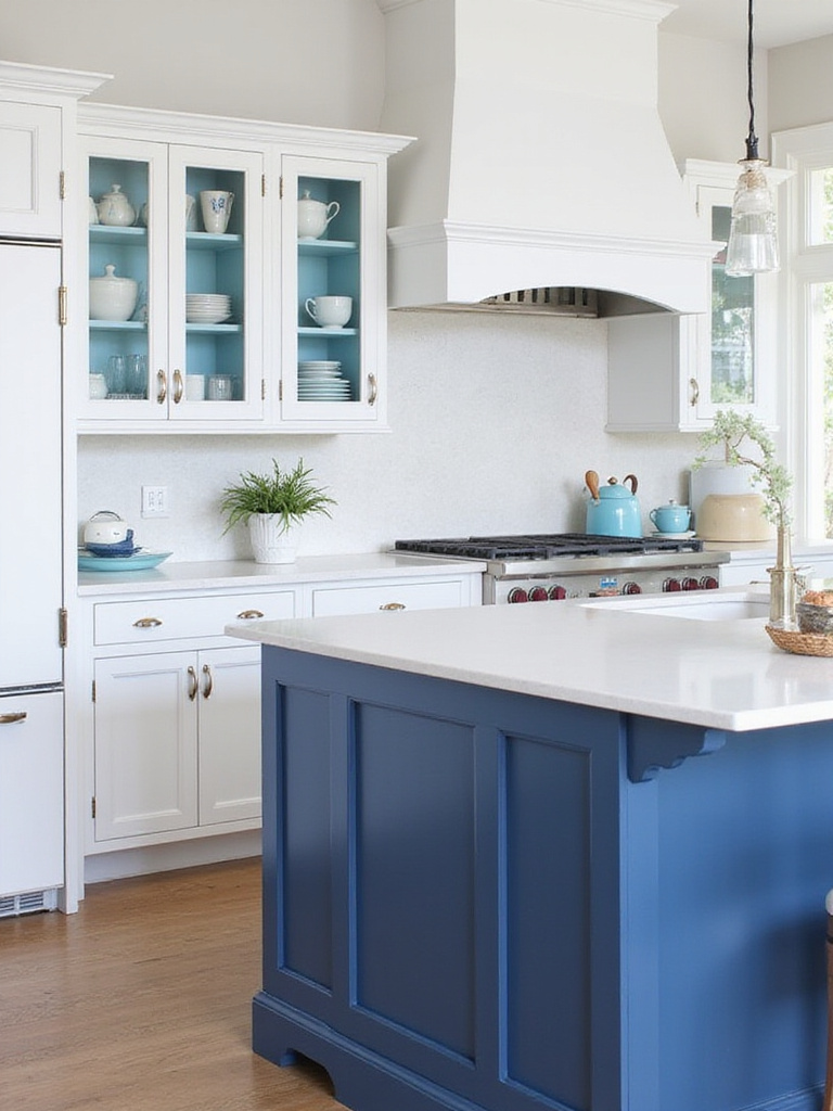 A coastal kitchen introducing deep ocean blue on the island and sky blue accents in glass-front cabinets against a white backdrop for a calming effect.